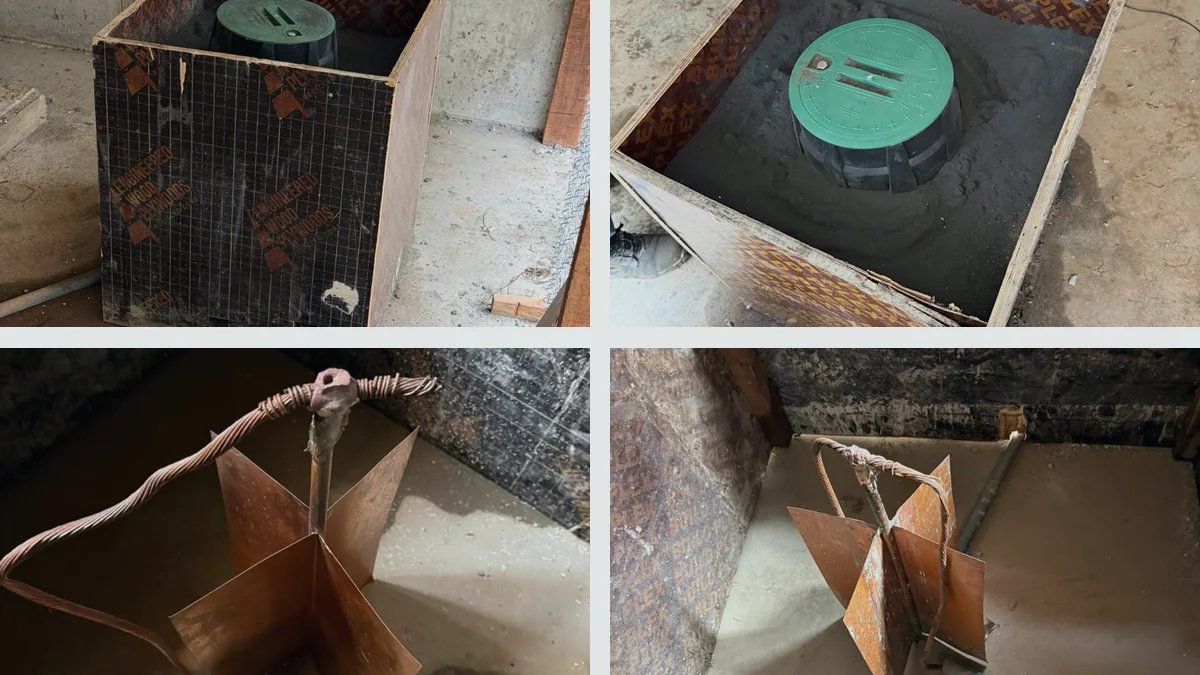 Cuatro fotografías del cajón, relleno mineral y placas de cobre observados durante la inspección